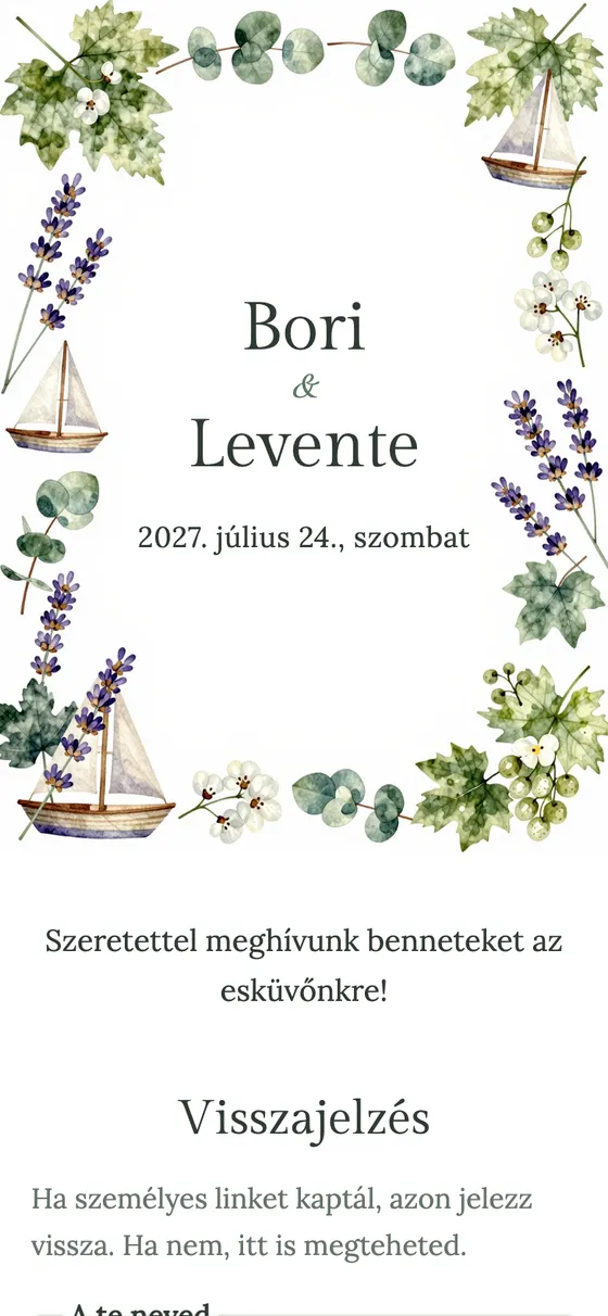 Egyedi grafika levendulával, vitorlásokkal és szőlőlevelekkel