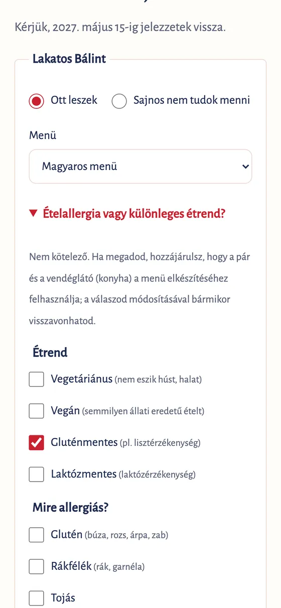 Visszajelzés telefonon: Ott leszek, Magyaros menü, és a lenyitott étrend- és allergiarész, bepipálva a gluténmentes étrend